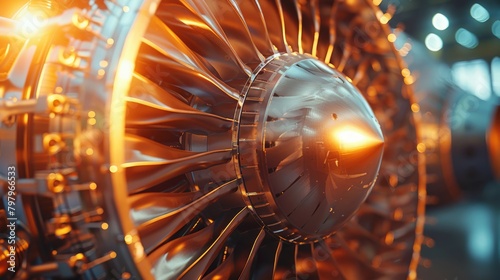 Close-up of a jet engine with gleaming metal details at sunset.
