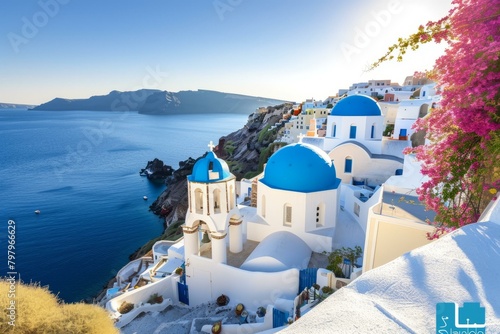 b'Santorini, Greece. Famous whitewashed buildings with blue domed churches on the edge of a cliff overlooking the Aegean Sea.'