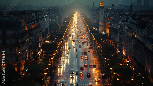 Dusk over Champs-Elysées with glowing streetlights and a busy boulevard view.