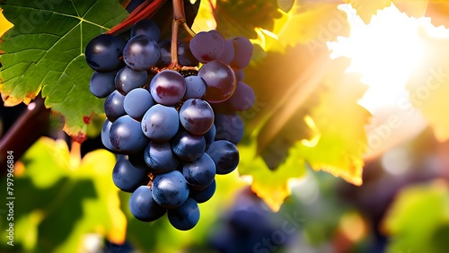 ripe grapes clinging to a vine sunlight dancing through the leaves accentuating their rich hues