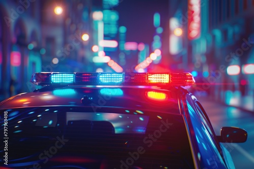 Police car driving down a city street at night, suitable for law enforcement concepts