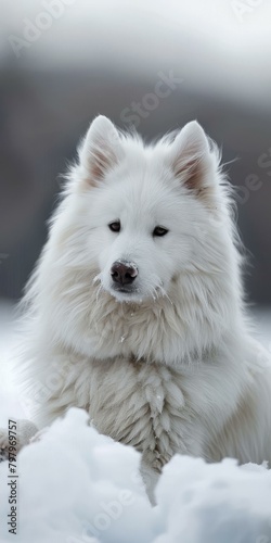 b'A white Samoyed dog is sitting in the snow'