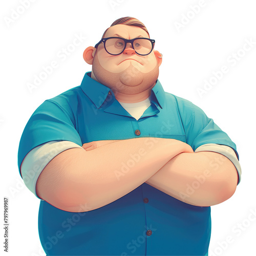 A portly cartoon character sporting glasses strikes a tough pose with arms crossed captured in a full body shot against a transparent background