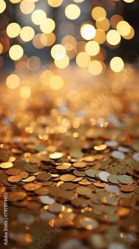 b'Pile of gold coins with blurred lights in the background'