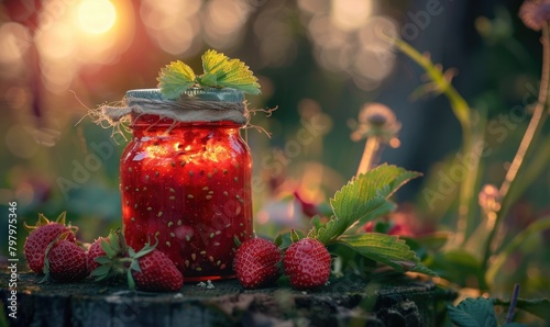 Fresh strawberry jam in a glass jar, homemade preserves