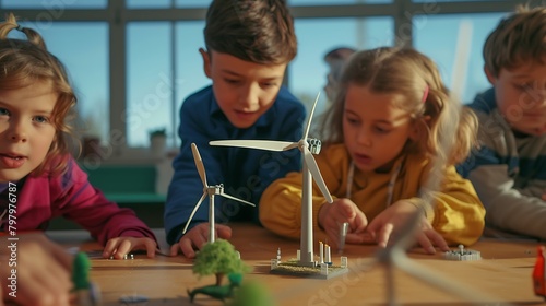 A group of children learning about renewable energy through a wind turbine model at a science fair