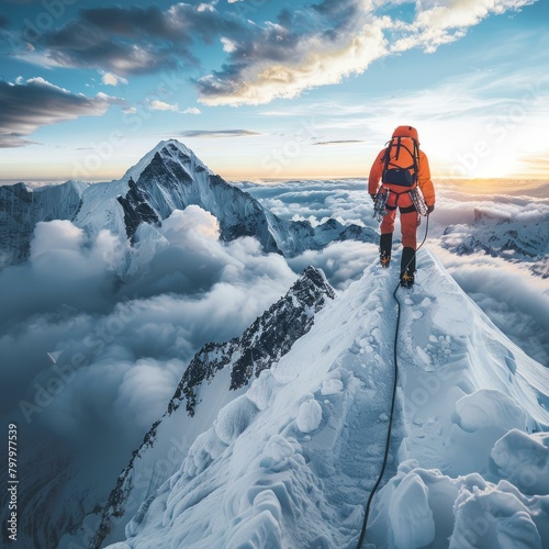 b'Mountaineer on the summit of a snow-capped mountain'