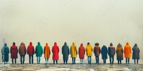 People wearing colorful jackets standing in a row with their backs turned