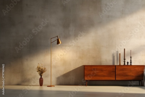 b'Retro floor lamp and mid-century modern credenza in front of a concrete wall'