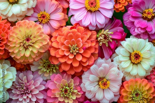 Beautiful colorful zinnia and dahlia flowers in full bloom, close up Natural summery texture for background