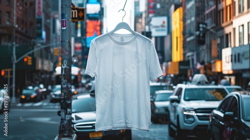 A white t-shirt on a hanger is hanging in the middle of a busy city street with cars and buildings in the background.