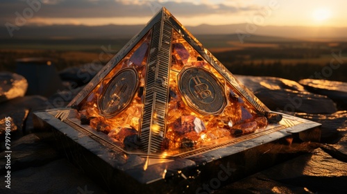 b'A golden pyramid made of Bitcoin and crystals'