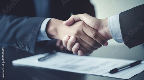Business negotiation meeting involves handshake and contract signing, sealing agreements and formalizing terms between parties for mutual understanding and commitment. 