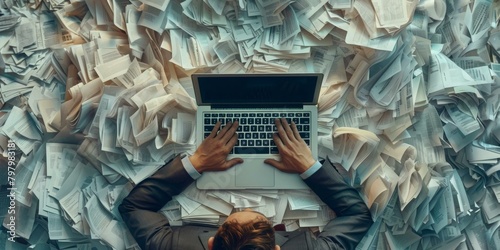 A businessman drowning in paperwork