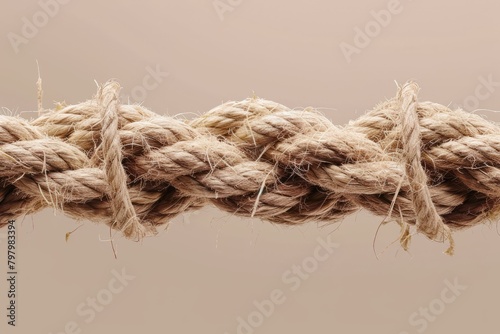 b'Close up of a fraying rope against a beige background'
