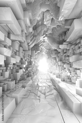 Futuristic tunnel of white marble blocks