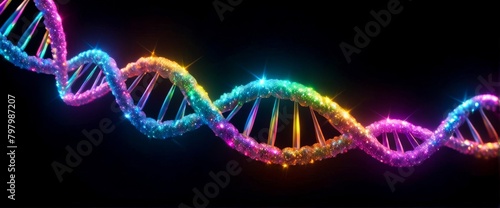 Neon glowing DNA strand on dark background, 3d render style, sparkle, DNA model, aura colors rainbow, human body biology study Genetic concept