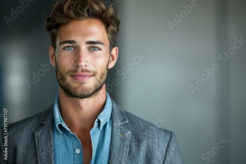 b'Portrait of a handsome young man with blue eyes and a beard wearing a casual shirt and jacket'