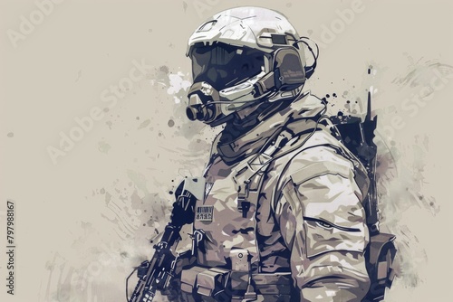 Detailed drawing of a soldier wearing a gas mask. Ideal for military and survival themes