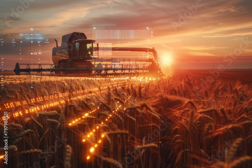 Modern combine harvester operating in a wheat field at sunset with futuristic technology displays