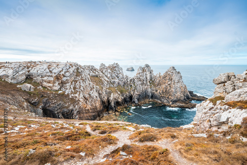 Coast of French Brittany. Cape Pen-Hir (Pointe du Pen-Hir) where is located monument to the Bretons of free France on the peninsula of Crozon, department of Finistere, Camaret-sur-Mer, France.