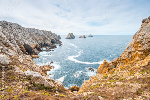 Coast of French Brittany. Cape Pen-Hir (Pointe du Pen-Hir) where is located monument to the Bretons of free France on the peninsula of Crozon, department of Finistere, Camaret-sur-Mer, France.