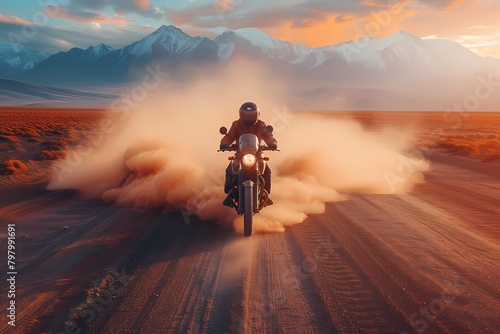 A heavy bike in matte black finish, roaring at 200km/hr on a desert road, leaving a trail of dust behind as it conquers the vast expanse