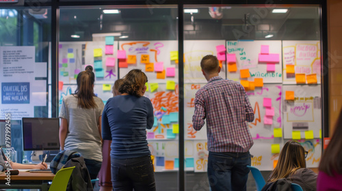 Imagine a lively team brainstorming with colorful post-it notes and whiteboards, sparking creativity.