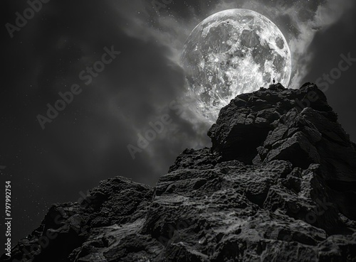 b'Black and white photo of a full moon rising over a mountain peak'