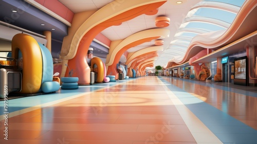 b'A shopping mall with a colorful and futuristic design'