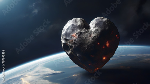 A heart-shaped asteroid in stark black, in contact with the earth surface against the space backdrop, ideal for ‘International Asteroid Day’ contents.