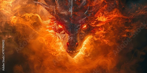 A red dragon with its eyes glowing and fire breathing out of its nostrils