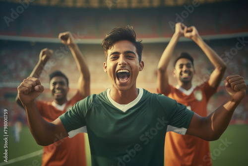 young men and excited audience celebrating and screaming while watching cricket match at stadium