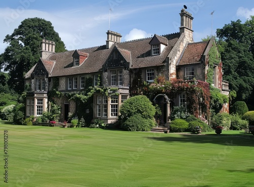 b'An English country house surrounded by a large garden'