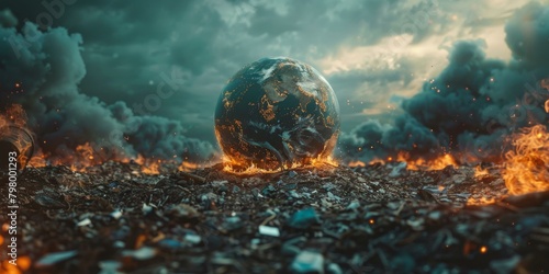Post-apocalyptic world with a glowing earth in the middle of a garbage dump