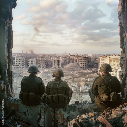 Three Soviet soldiers looking at the ruins of Stalingrad