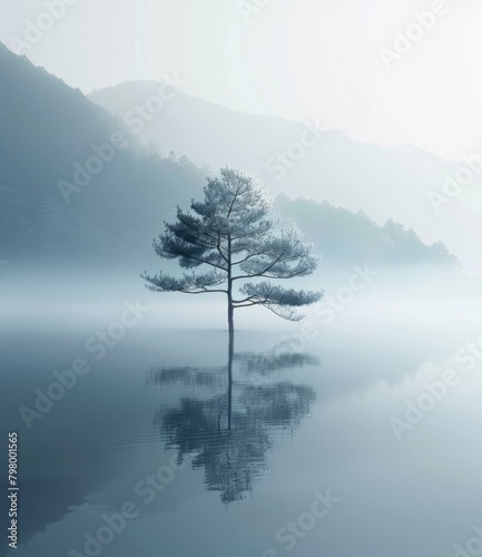 b'A Solitary Tree in the Middle of a Misty Lake'