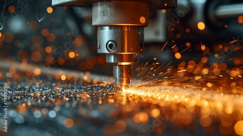 b'Industrial machinery processes metal with sparks flying'