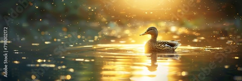 Beautiful duck splashing and bathing in a tranquil pond with empty space for text