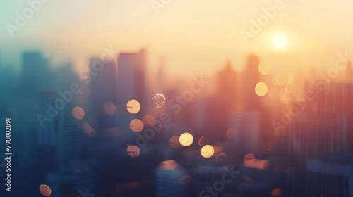 The bustling city skyline fades into a hazy blur as the evening sun dips below the horizon casting a tranquil mood over the landscape. .