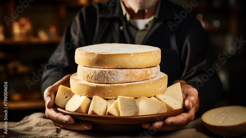 Cheese maker at the storage with shelves full of cow and goat cheese