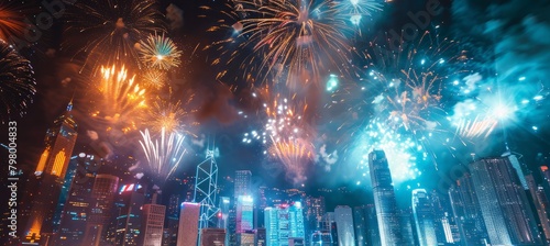 A city skyline is lit up with fireworks, creating a festive and lively atmosphere. The fireworks are scattered throughout the sky, with some closer to the ground and others higher up
