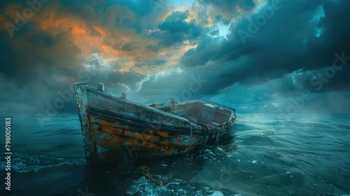 An old, weathered boat with a rustic appearance floats partially submerged in a body of water under a dramatic sky. The boat's surface has peeling paint and signs of deterioration, emphasizing its age