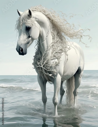 Majestic white horse standing peacefully in crystal clear water, tranquility and beauty