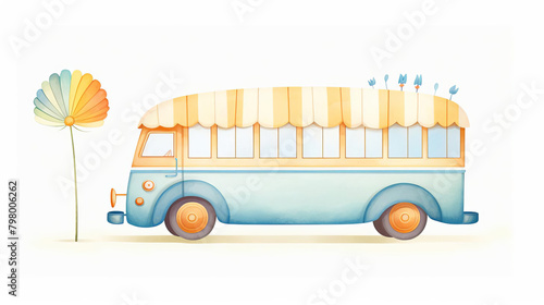 A charming depiction of a cute bus with oversized wheels and bright, inviting windows, illustrated in watercolor clipart style, vibrant and appealing, isolated gracefully on a white background