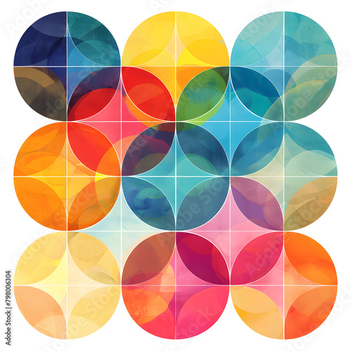 **A grid of overlapping circles in varying colors, representing the color scheme for a website design with a white background. The circles should be arranged to create a symmetrical pattern and add de