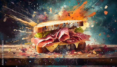 Abstract exploding photon Sandwich with prosciutto on wooden acrylic paint maximalism on digital art concept, Generative AI.
