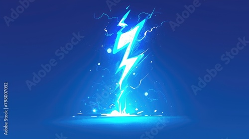 A cartoon blue thunderbolt crackling with sparks and lightning icons stands out against a plain background This rendering captures the electrifying impact of lightning strikes with a flash 