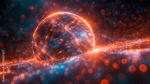 Glass energy abstract sphere with particles and glowing lights on a dark background