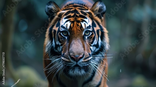 b'A fierce tiger stares down its prey in the jungle'